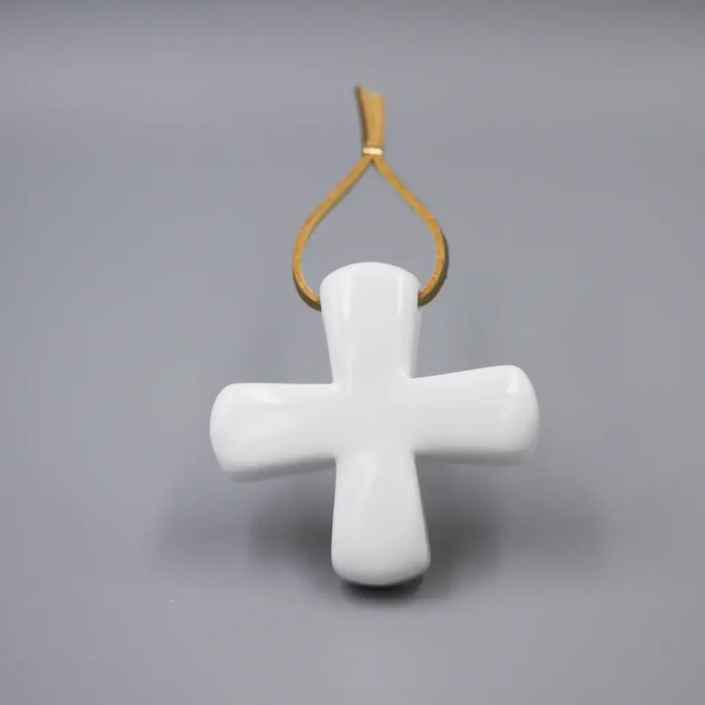 Croix Grecque Blanc Brillant & Cuir Or