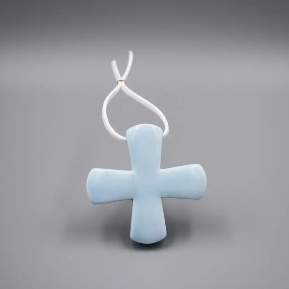 Croix Grecque Bleu Ciel & Cuir Blanc