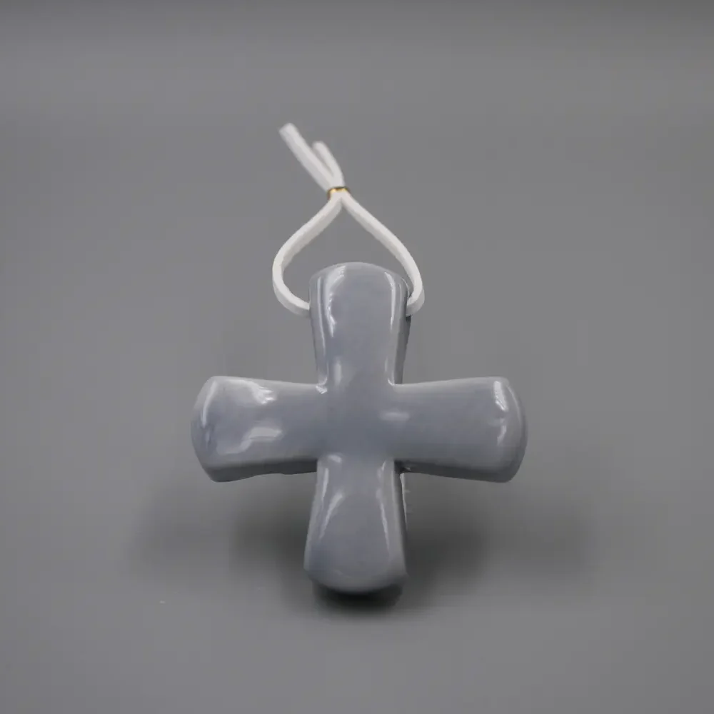 Croix Grecque Gris bleuté & Cuir Blanc