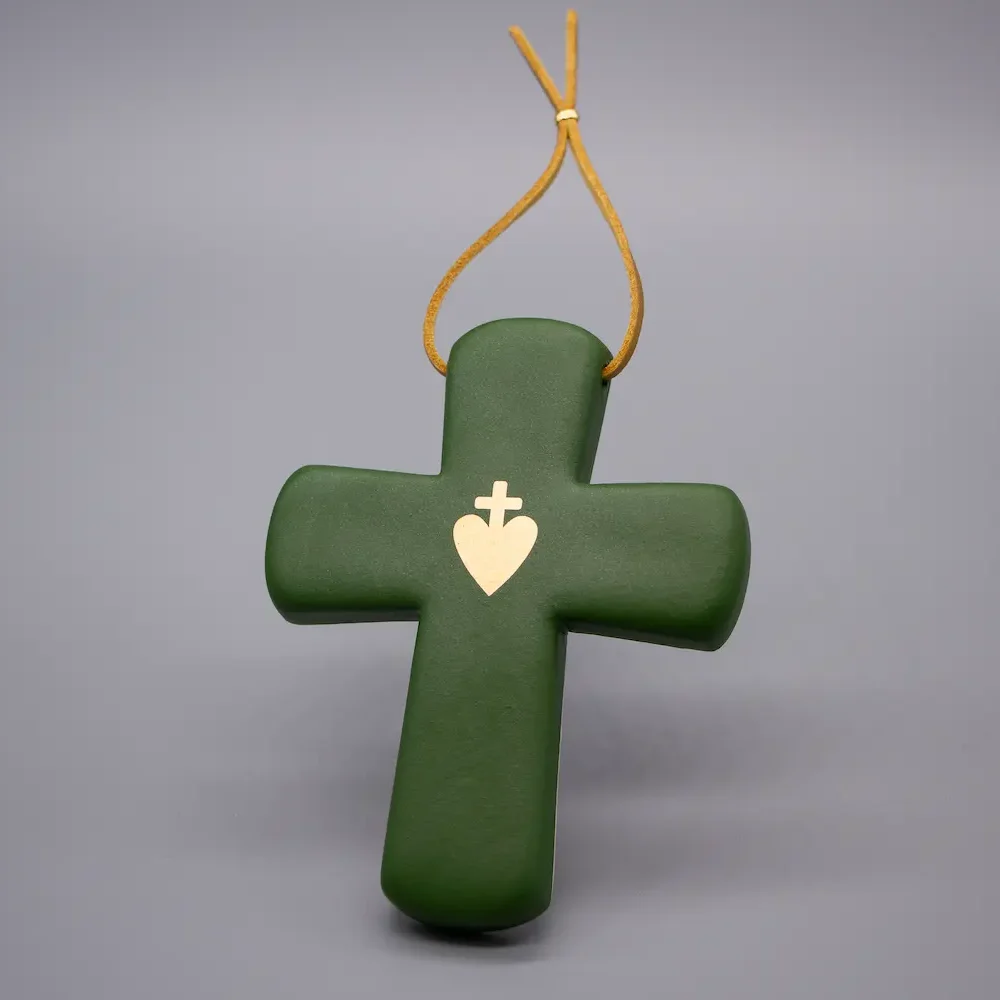 Croix Latine Vert Fôret Mat & Sacré Coeur en OR véritable