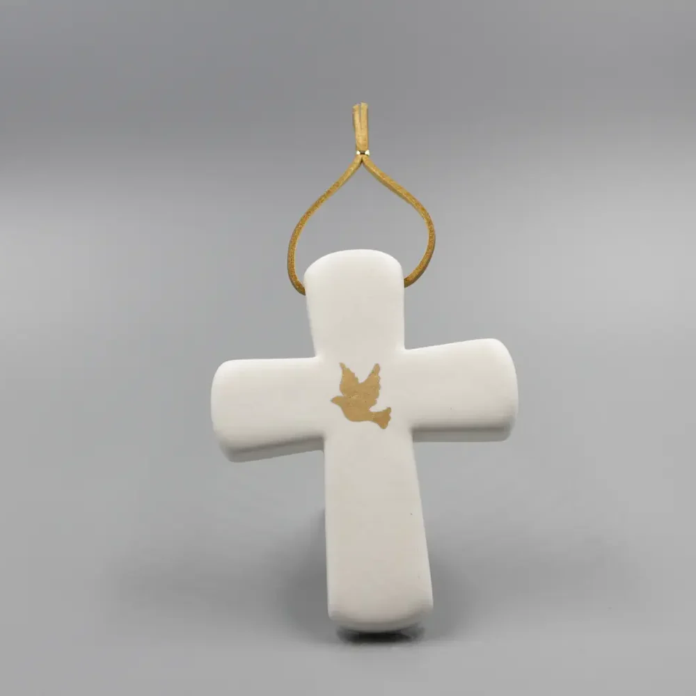 Croix Latine Blanc Mat & Colombe en OR véritable