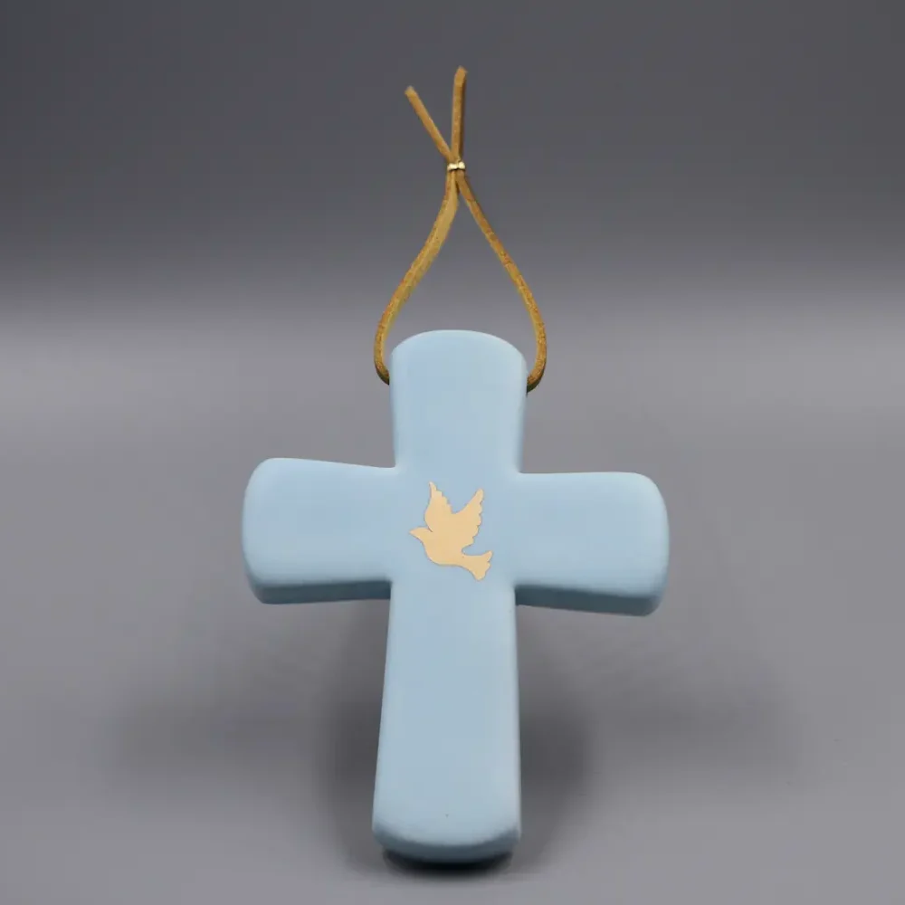 Croix Latine Bleu Poudré & Colombe en OR véritable