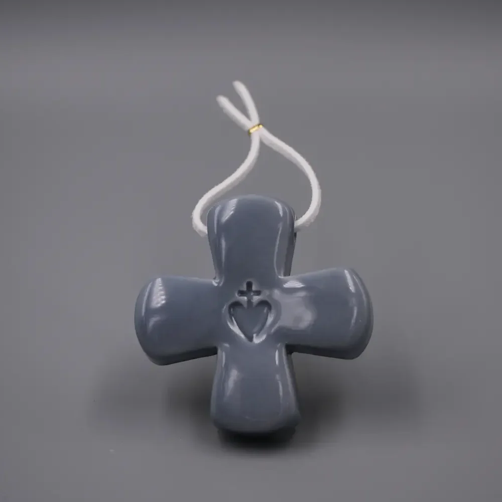 Croix Grecque Sacré Coeur - Gris Bleuté & Fil Blanc