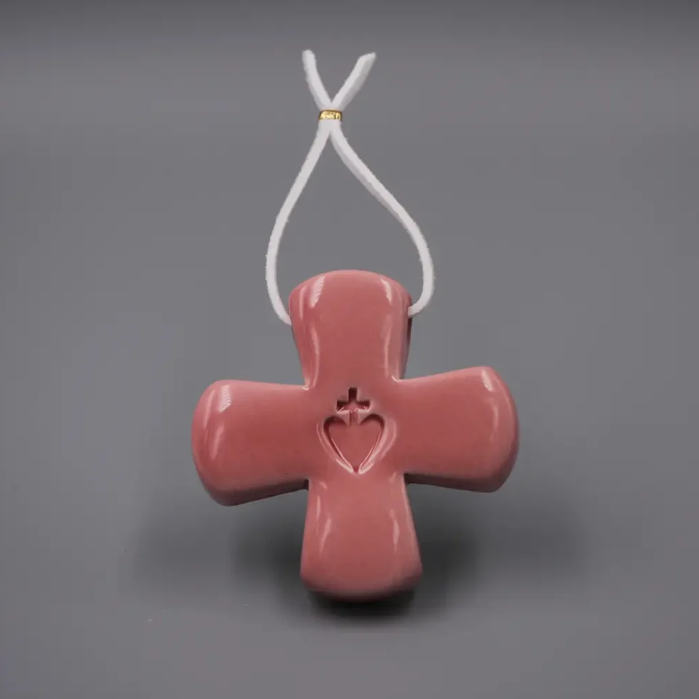 Croix Grecque Sacré Coeur - Vieux Rose & Fil Blanc