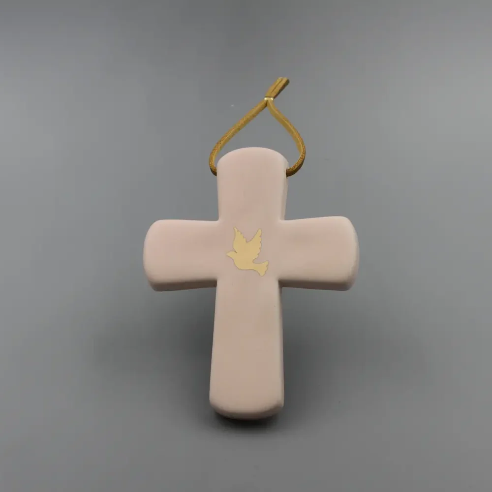 Croix Latine Rose Poudré & Colombe en OR véritable